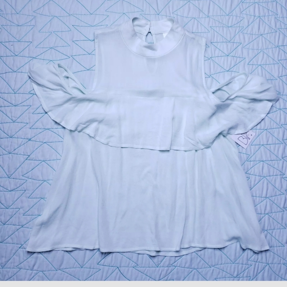 BP Mint Green Ruffle Cold Shoulder Mock Neck Blouse Top